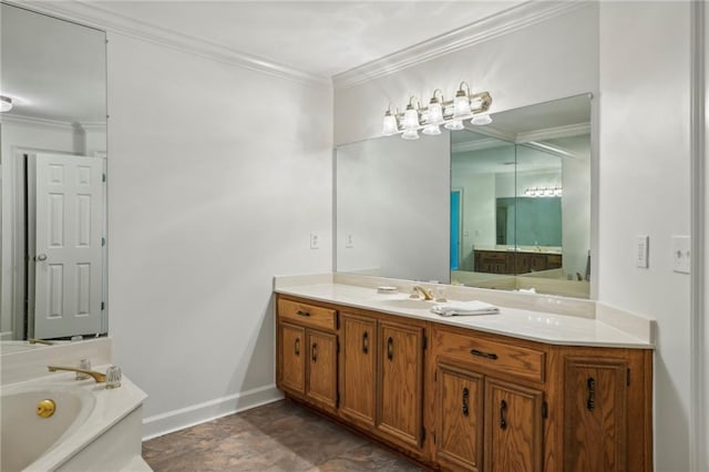 full bath featuring a garden tub, baseboards, ornamental molding, and vanity