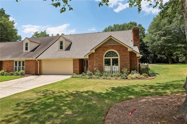 cape cod-style house with brick siding, a shingled roof, driveway, a chimney, and a front yard