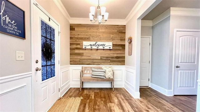 109 Red Fox Dr, Dallas, GA 30157 - mudroom with a chandelier, crown molding, wood finished floors, and wood walls