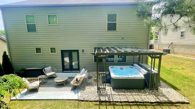 109 Red Fox Dr, Dallas, GA 30157 - back of house featuring a hot tub, a patio area, a lawn, an outdoor living space, and a pergola