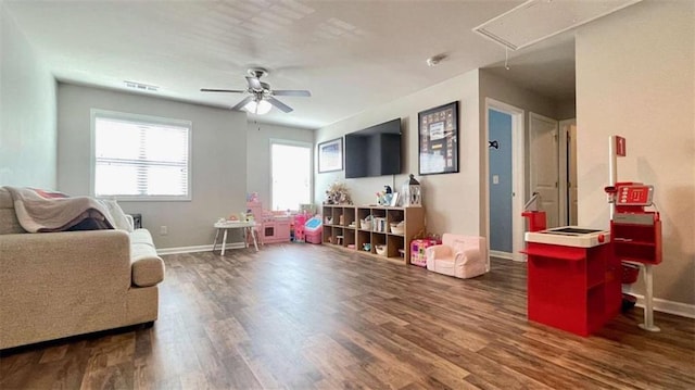 109 Red Fox Dr, Dallas, GA 30157 - living area with attic access, dark wood finished floors, and ceiling fan