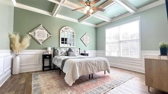 109 Red Fox Dr, Dallas, GA 30157 - bedroom featuring coffered ceiling, wood finished floors, multiple windows, beamed ceiling, and wainscoting