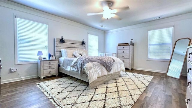 109 Red Fox Dr, Dallas, GA 30157 - bedroom featuring dark wood-style flooring, multiple windows, crown molding, and ceiling fan