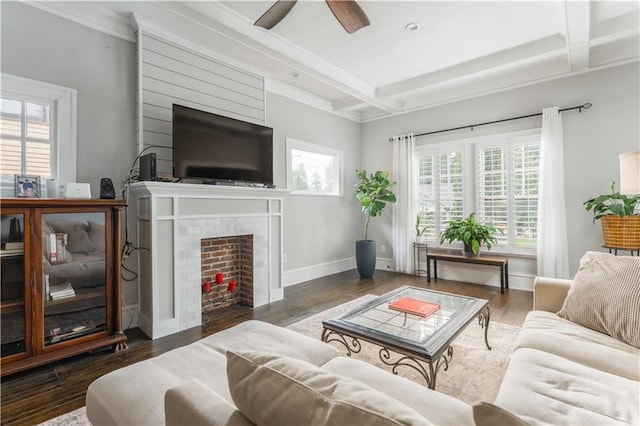 1232 Lucile Ave SW, Atlanta, GA 30310 - living area with coffered ceiling, plenty of natural light, beamed ceiling, a fireplace, and ceiling fan