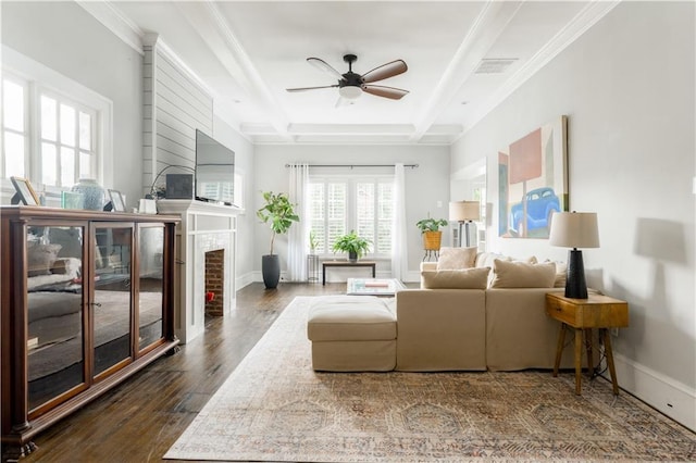 1232 Lucile Ave SW, Atlanta, GA 30310 - living room with a ceiling fan, dark wood-style floors, ornamental molding, a fireplace, and beamed ceiling
