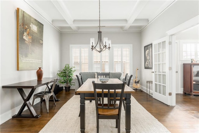 1232 Lucile Ave SW, Atlanta, GA 30310 - dining area with coffered ceiling, beamed ceiling, a chandelier, and dark wood-style flooring