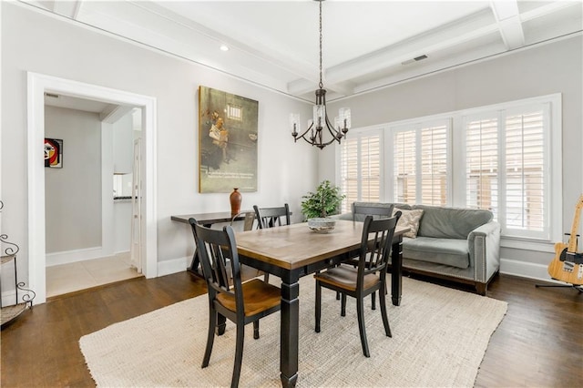 1232 Lucile Ave SW, Atlanta, GA 30310 - dining space featuring a chandelier, coffered ceiling, beamed ceiling, wood finished floors, and recessed lighting