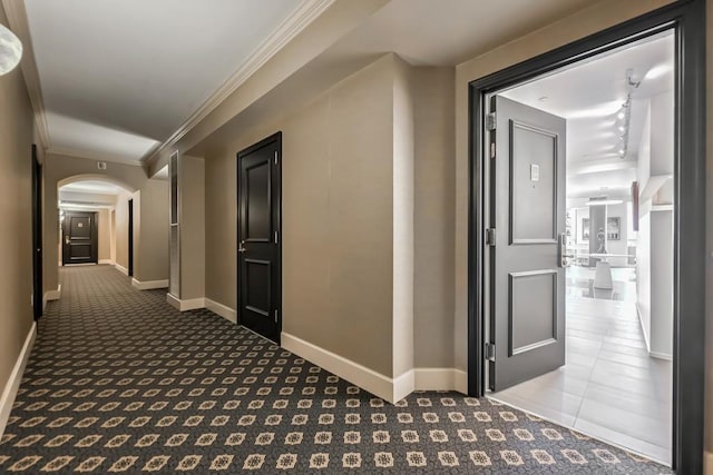 hallway with carpet floors and ornamental molding