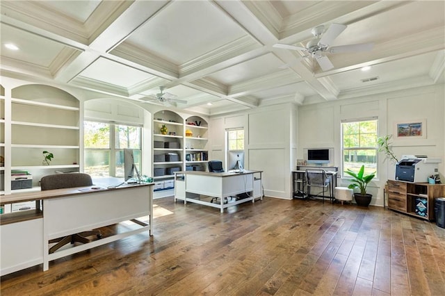 office area featuring ceiling fan, coffered ceiling, dark wood-type flooring, and beamed ceiling