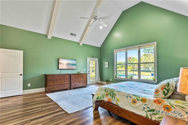 bedroom featuring dark wood-style flooring, visible vents, high vaulted ceiling, access to outside, and baseboards