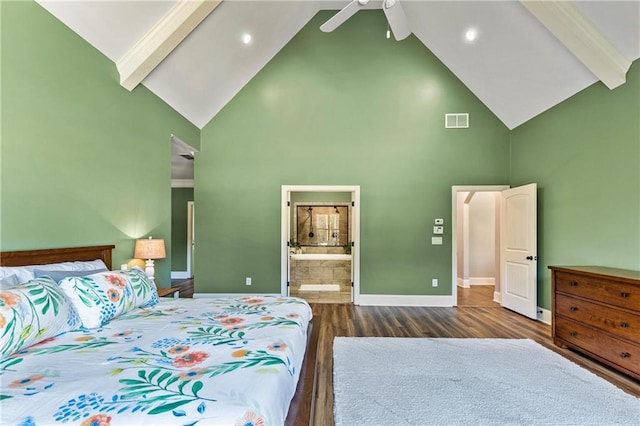 bedroom featuring beam ceiling, dark wood-style flooring, visible vents, and baseboards