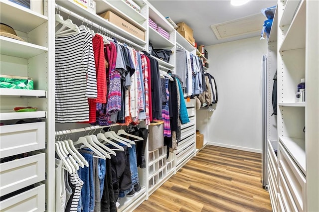 spacious closet featuring attic access and wood finished floors