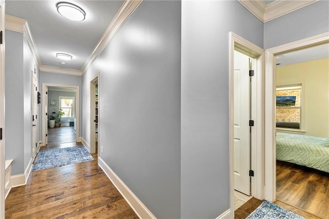 corridor with ornamental molding, light wood-type flooring, and baseboards