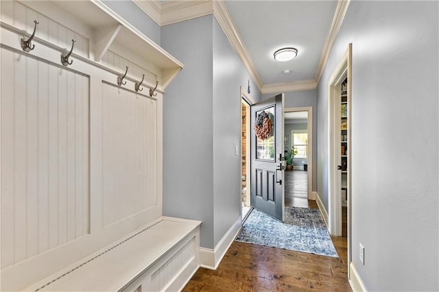 mudroom featuring baseboards, dark wood-type flooring, and crown molding