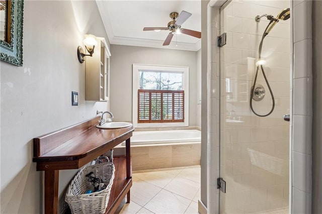 698 Bellemeade Ave NW, Atlanta, GA 30318 - full bathroom with a stall shower, a bath, crown molding, ceiling fan, and vanity