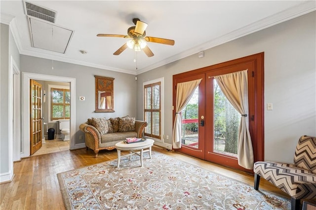 698 Bellemeade Ave NW, Atlanta, GA 30318 - living area featuring attic access, hardwood / wood-style floors, ceiling fan, crown molding, and baseboards