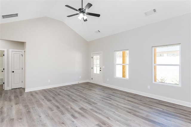 interior space with a ceiling fan, light wood-style floors, and visible vents