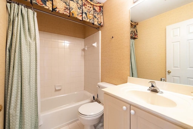 full bathroom with shower / tub combo with curtain, tile flooring, vanity, and toilet