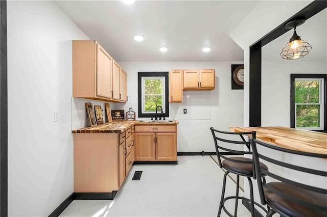 kitchen featuring wood counters, a sink, baseboards, and recessed lighting