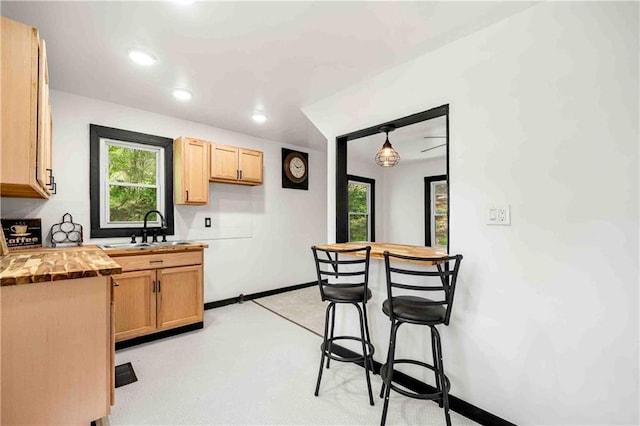 kitchen with light brown cabinets, a sink, baseboards, and a wealth of natural light