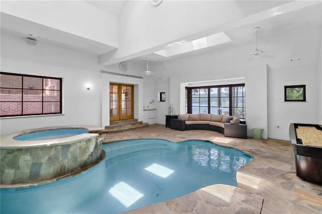 4043 Piedmont Lake Rd, Pine Mountain, GA 31822 - view of pool with ceiling fan, a skylight, a pool with connected hot tub, and french doors