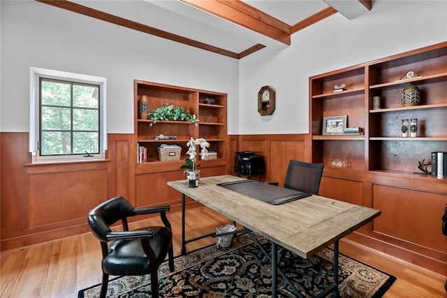 4043 Piedmont Lake Rd, Pine Mountain, GA 31822 - office area with a wainscoted wall, beamed ceiling, and wood finished floors