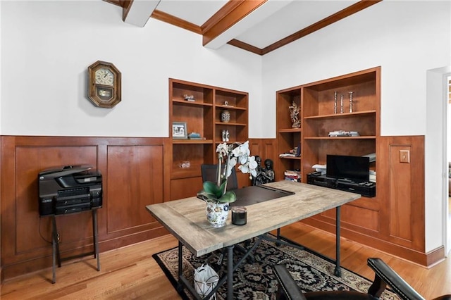4043 Piedmont Lake Rd, Pine Mountain, GA 31822 - home office with beam ceiling, wainscoting, light wood-style flooring, and ornamental molding