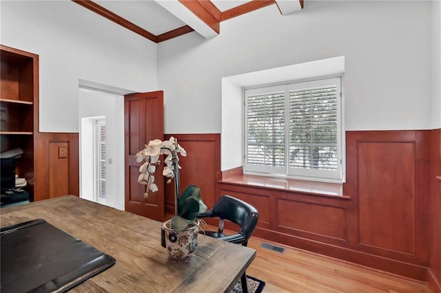 4043 Piedmont Lake Rd, Pine Mountain, GA 31822 - office with wainscoting, beam ceiling, and wood finished floors