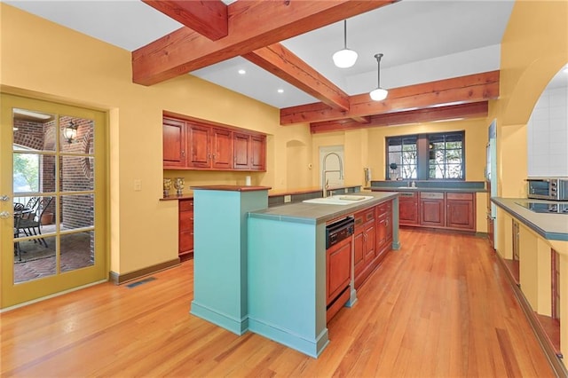4043 Piedmont Lake Rd, Pine Mountain, GA 31822 - kitchen with a sink, beam ceiling, light wood finished floors, a center island with sink, and dishwasher