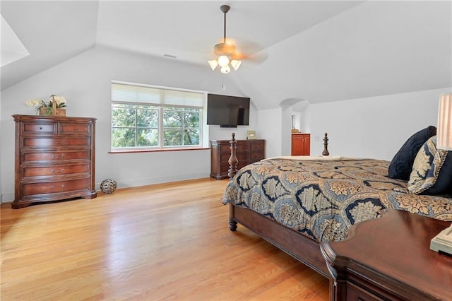 4043 Piedmont Lake Rd, Pine Mountain, GA 31822 - bedroom featuring vaulted ceiling, light wood-type flooring, a ceiling fan, and baseboards