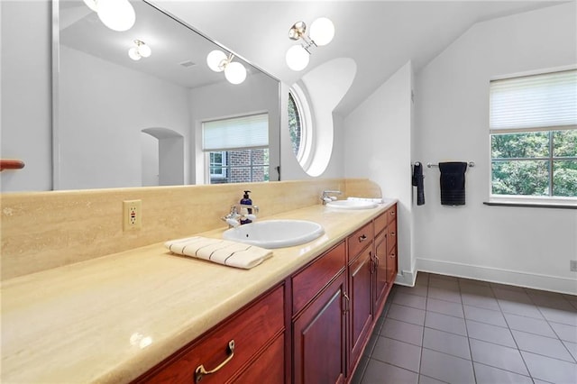 4043 Piedmont Lake Rd, Pine Mountain, GA 31822 - full bath featuring vaulted ceiling, tile patterned flooring, double vanity, and baseboards
