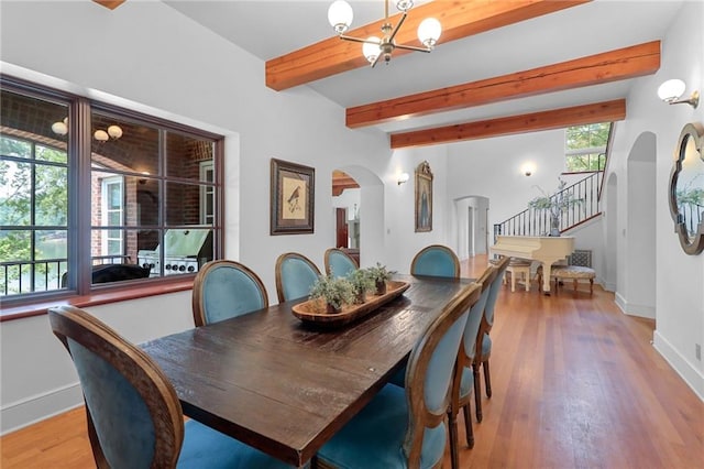 4043 Piedmont Lake Rd, Pine Mountain, GA 31822 - dining area featuring arched walkways, beam ceiling, stairs, a chandelier, and baseboards