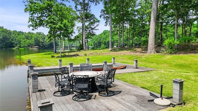 4043 Piedmont Lake Rd, Pine Mountain, GA 31822 - deck with a water view, a yard, outdoor dining area, and a dock