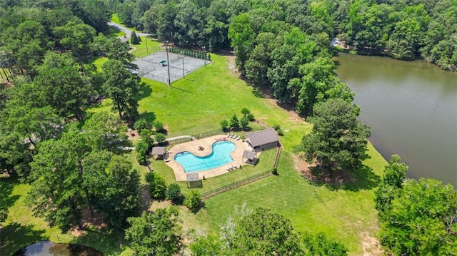 4043 Piedmont Lake Rd, Pine Mountain, GA 31822 - drone / aerial view of a pool area, a nearby body of water, and a forest