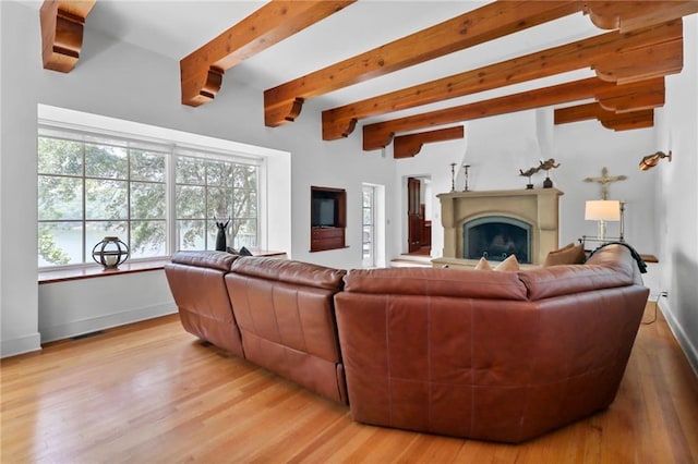 4043 Piedmont Lake Rd, Pine Mountain, GA 31822 - living room with a fireplace, light wood-style flooring, baseboards, and beamed ceiling