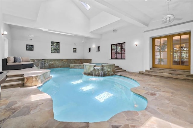 4043 Piedmont Lake Rd, Pine Mountain, GA 31822 - view of swimming pool featuring a pool with connected hot tub, a skylight, french doors, and a ceiling fan
