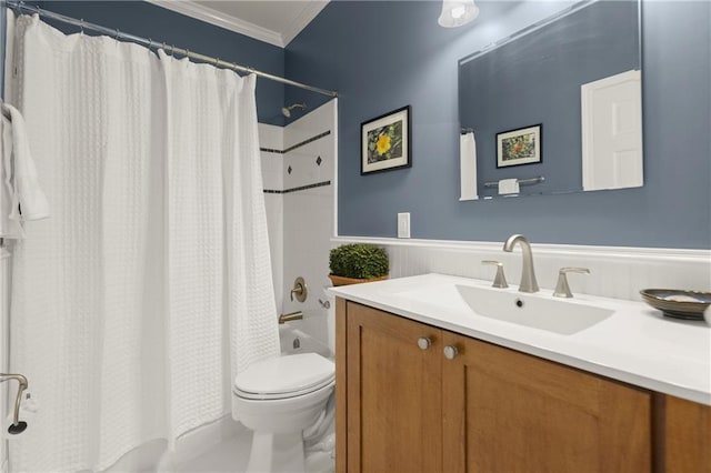 3260 Kingshouse Commons, Johns Creek, GA 30022 - full bath featuring crown molding, vanity, shower / tub combo with curtain, a wainscoted wall, and tile patterned floors
