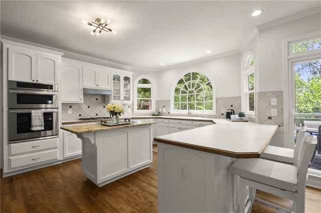 3260 Kingshouse Commons, Johns Creek, GA 30022 - kitchen featuring a breakfast bar, white cabinets, appliances with stainless steel finishes, dark wood-style floors, and crown molding