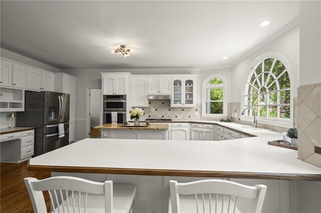 3260 Kingshouse Commons, Johns Creek, GA 30022 - kitchen with stainless steel appliances, under cabinet range hood, a peninsula, white cabinetry, and ornamental molding