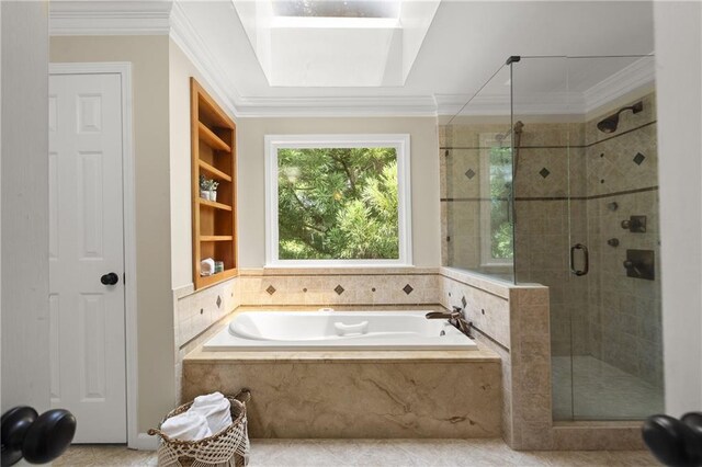 3260 Kingshouse Commons, Johns Creek, GA 30022 - bathroom featuring a bath, a stall shower, and ornamental molding