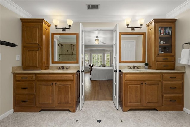 3260 Kingshouse Commons, Johns Creek, GA 30022 - bathroom with ornamental molding, two vanities, ceiling fan, a walk in shower, and ensuite bathroom