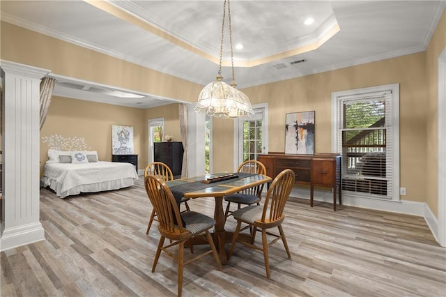 3260 Kingshouse Commons, Johns Creek, GA 30022 - dining space featuring a chandelier, light wood-style flooring, a tray ceiling, crown molding, and recessed lighting