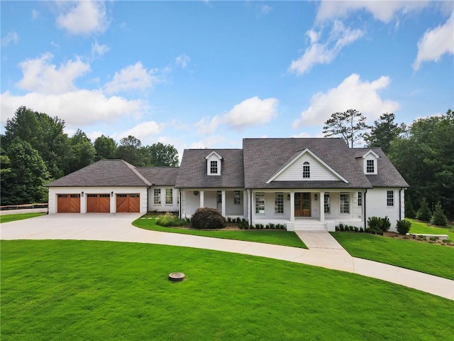 cape cod house featuring a garage, a porch, and a front lawn