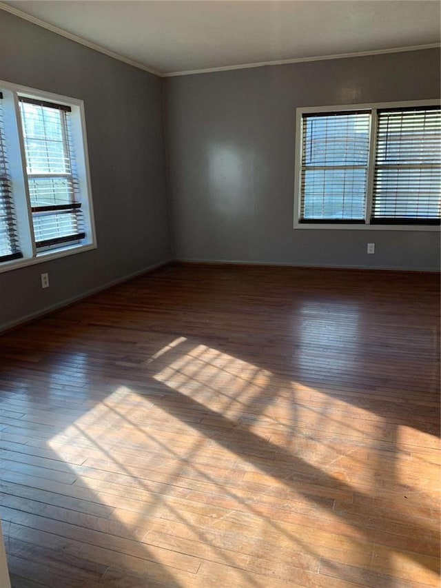 empty room with hardwood / wood-style floors and ornamental molding