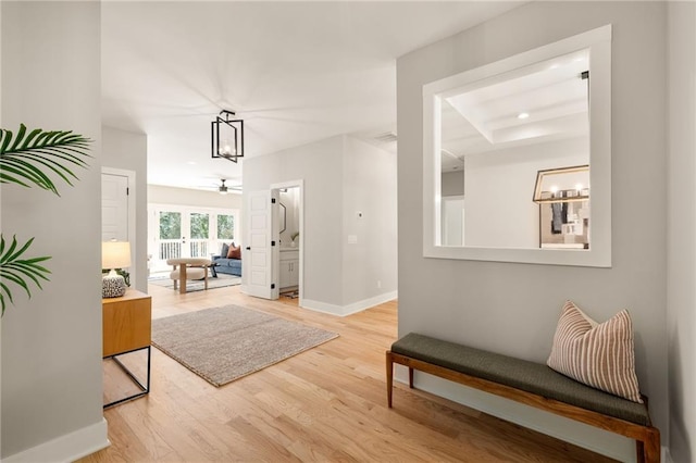 corridor with light hardwood / wood-style floors and a tray ceiling