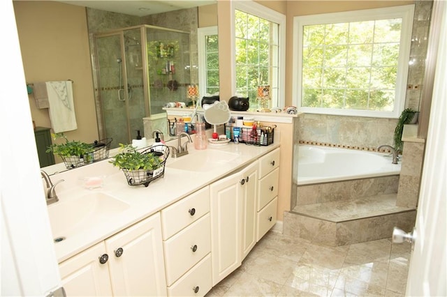 1473 Wildwood Way, Hampton, GA 30228 - bathroom with a stall shower, double vanity, a bath, and tile patterned floors