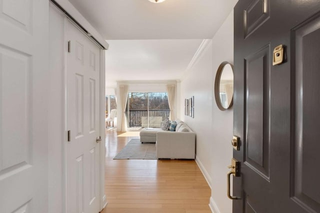 foyer entrance featuring light wood finished floors, baseboards, and ornamental molding