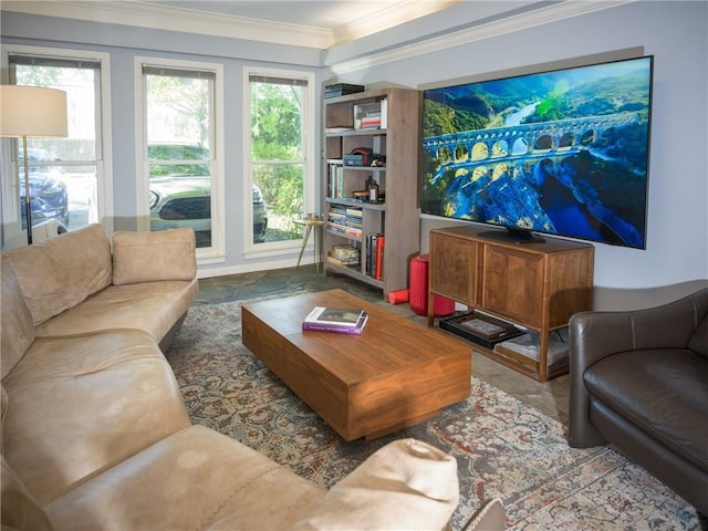 living area featuring ornamental molding and stone finish flooring