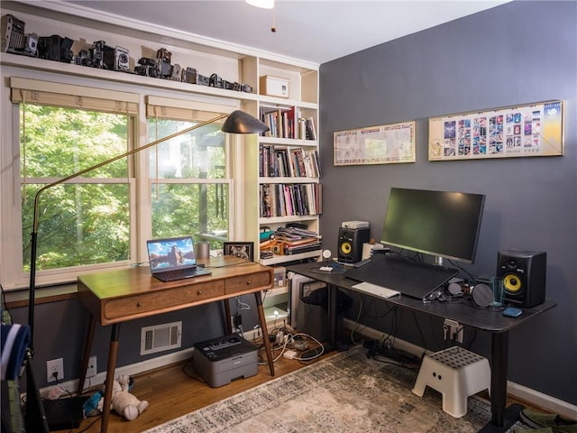 office featuring plenty of natural light, wood finished floors, visible vents, and baseboards