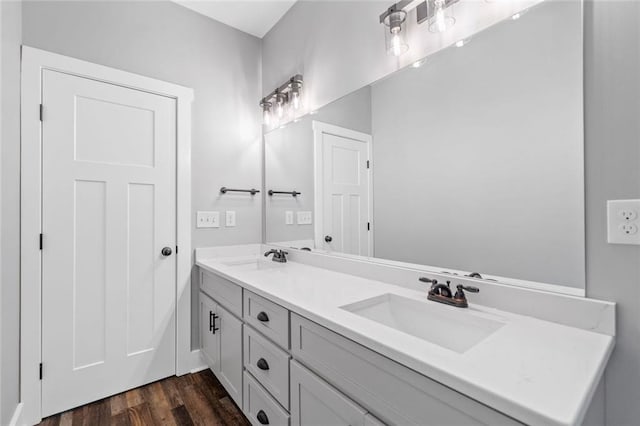 bathroom with wood finished floors and double vanity